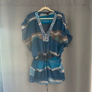 Tonal blue sheer cover up with beading. One size